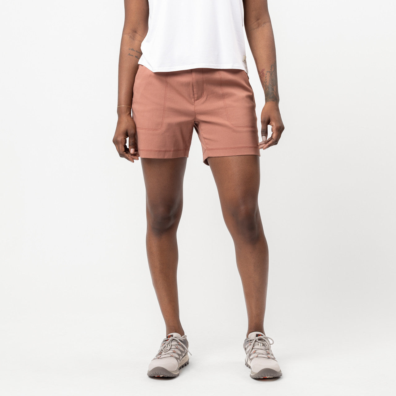 Woman wearing Sierra Designs Women's Fredonyer Stretch Short, Cedar Wood, front view