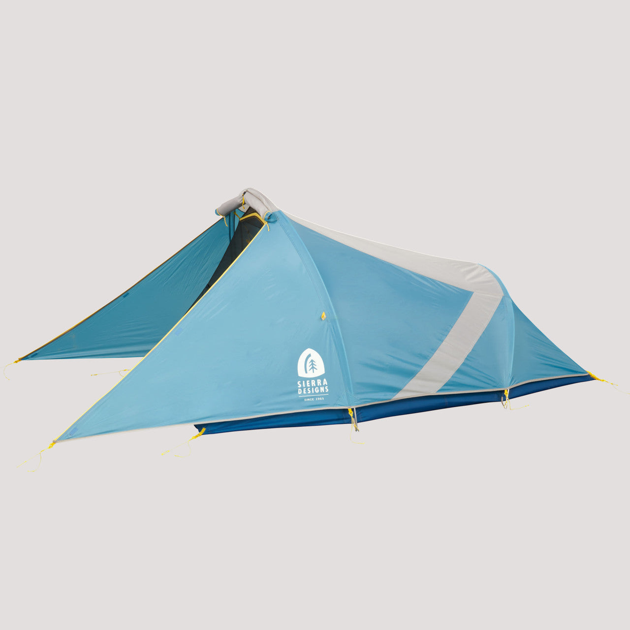 Sierra Designs Clip Flashlight 2 freestanding with the rain fly on and the main door rolled up