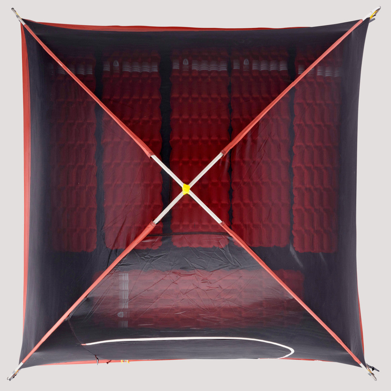 Sierra Designs Alpenglow 6 tent, overhead view, showing poles