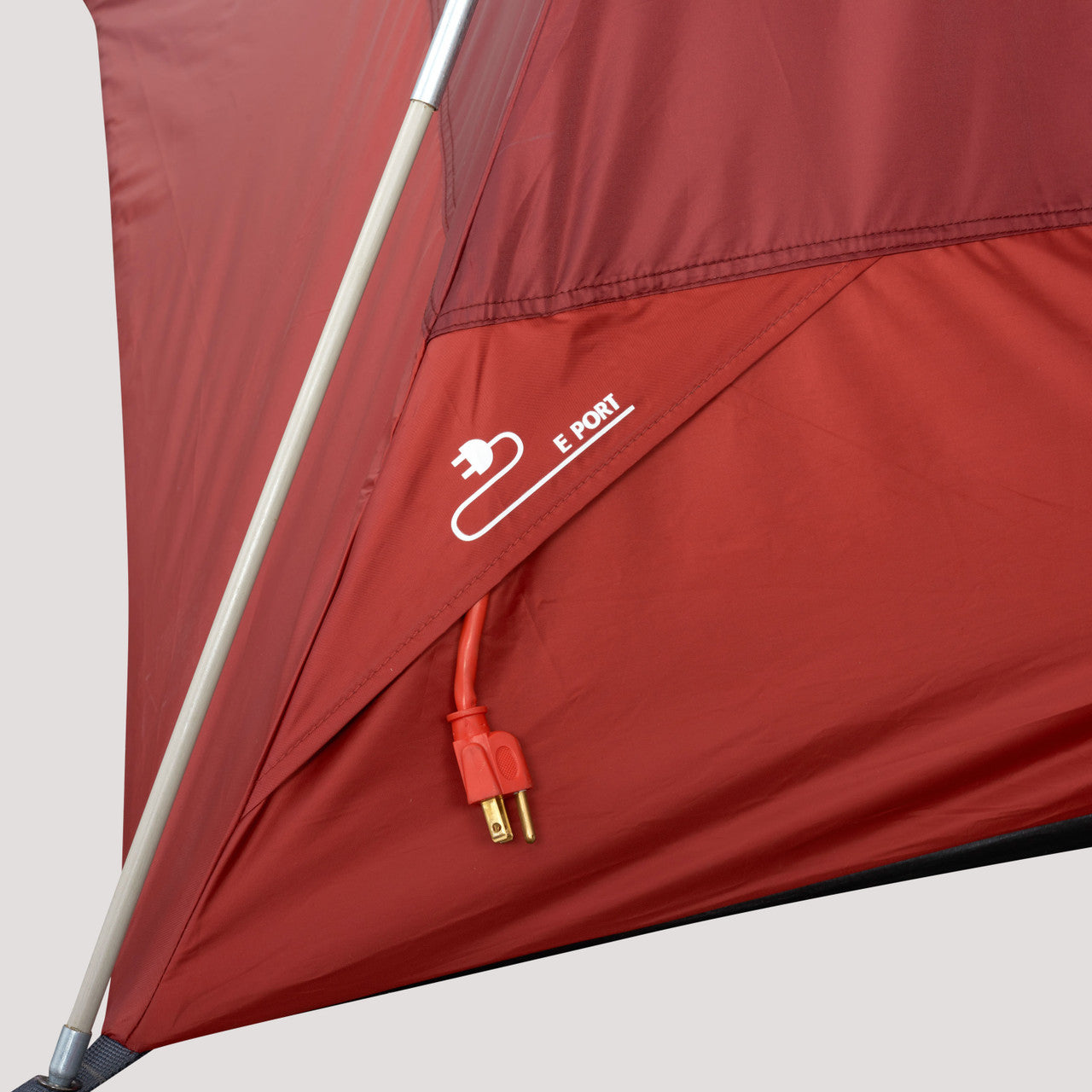 Close up of Sierra Designs Alpenglow 6 tent, showing port for cords