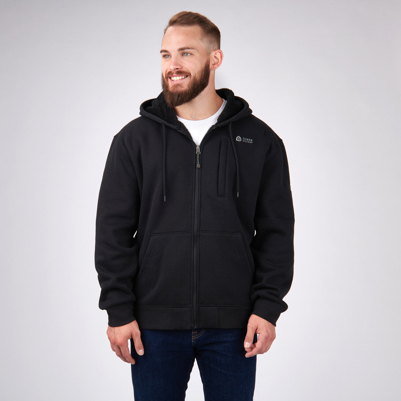 Man wearing Sierra Designs Men's Angora Hoodie, Black, front view
