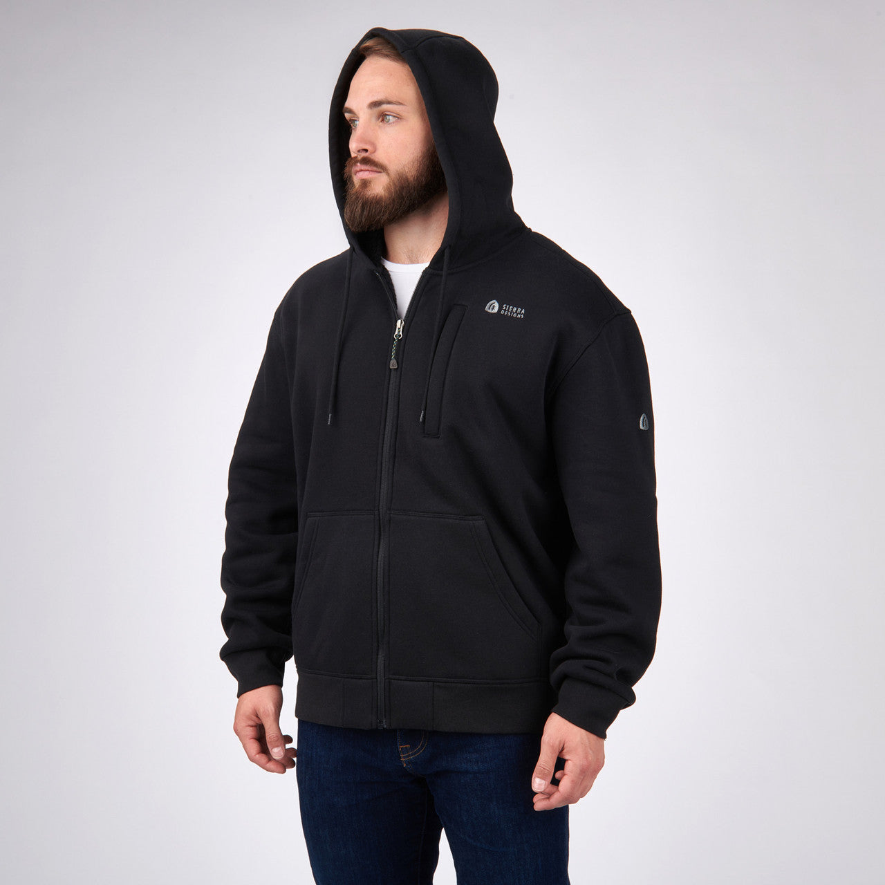 Man wearing Sierra Designs Men's Angora Hoodie, Black, side view