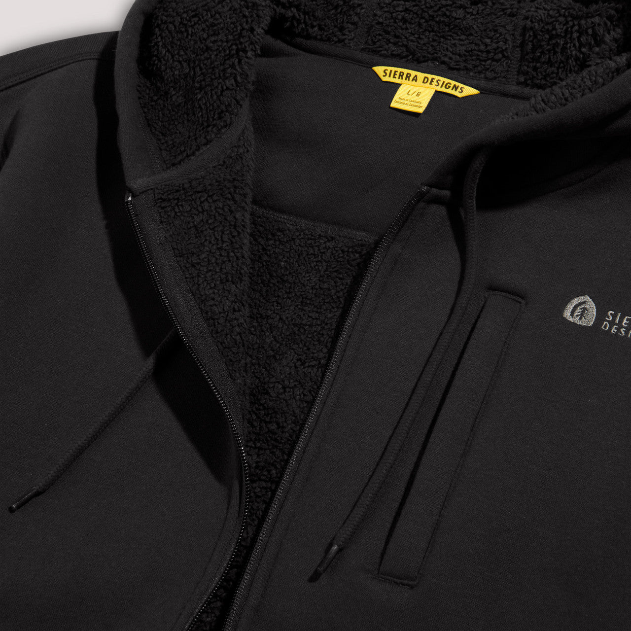 Close up of Sierra Designs Men's Angora Hoodie, showing interior