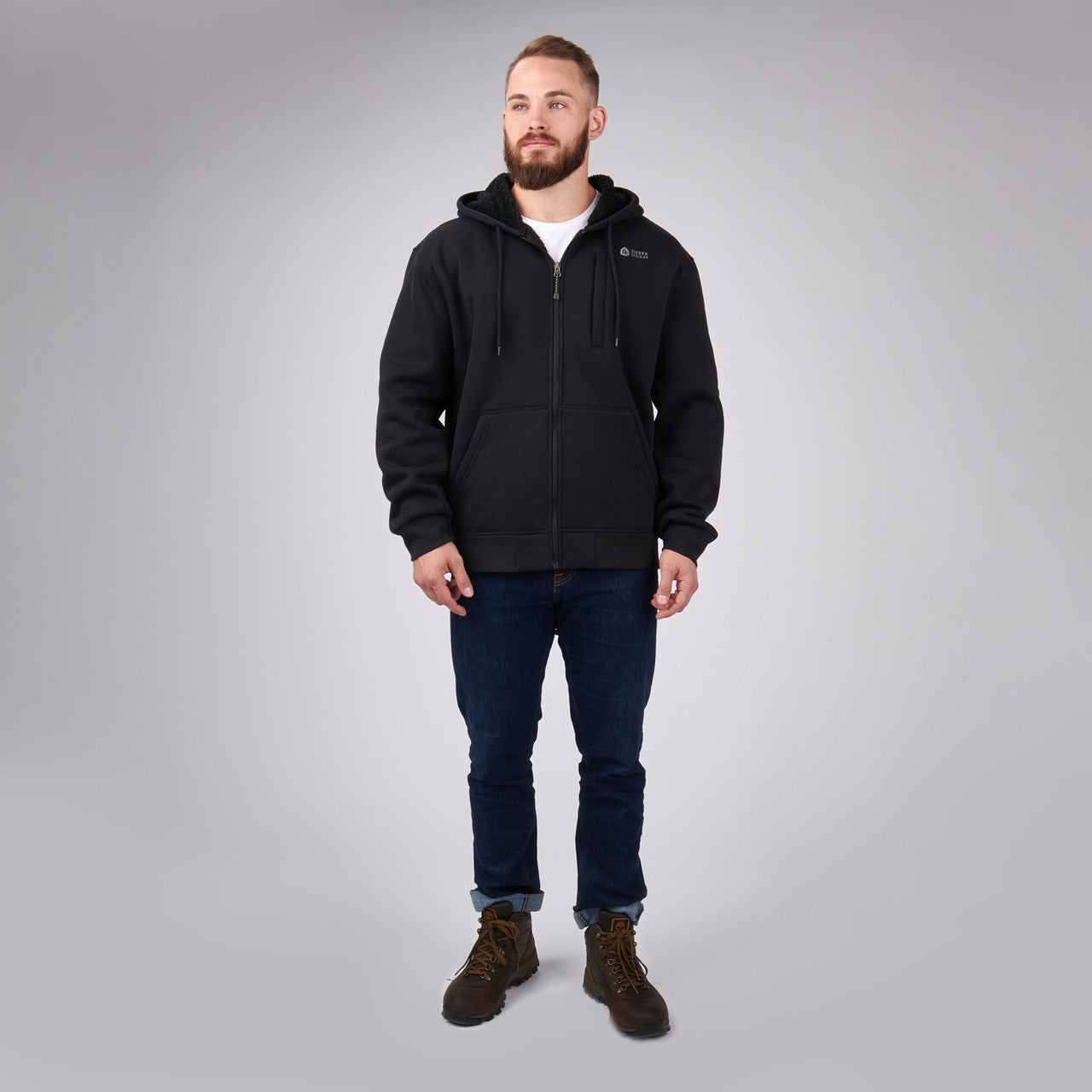 Man wearing Sierra Designs Men's Angora Hoodie, Black, front view, full body