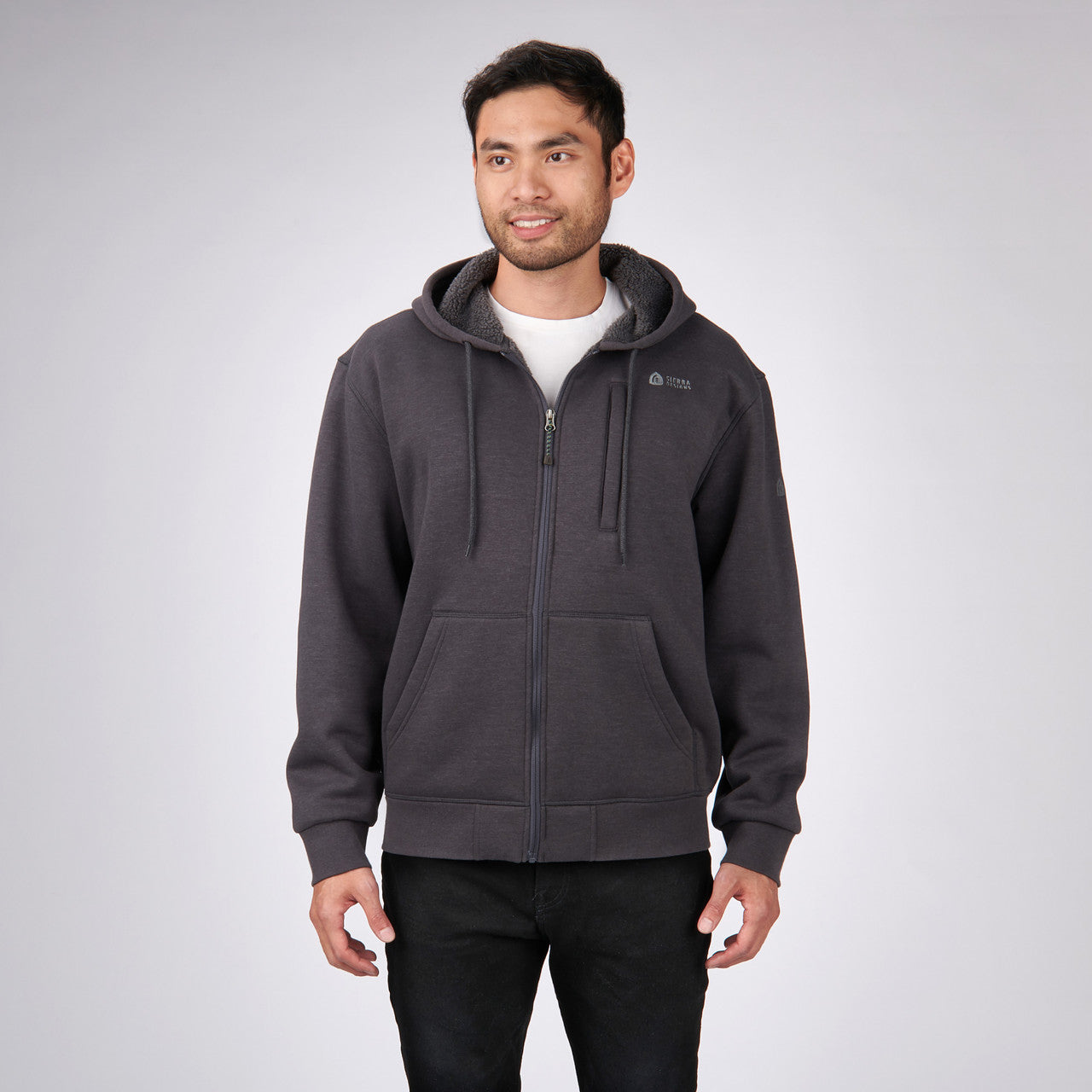 Man wearing Sierra Designs Men's Angora Hoodie, Charcoal, front view