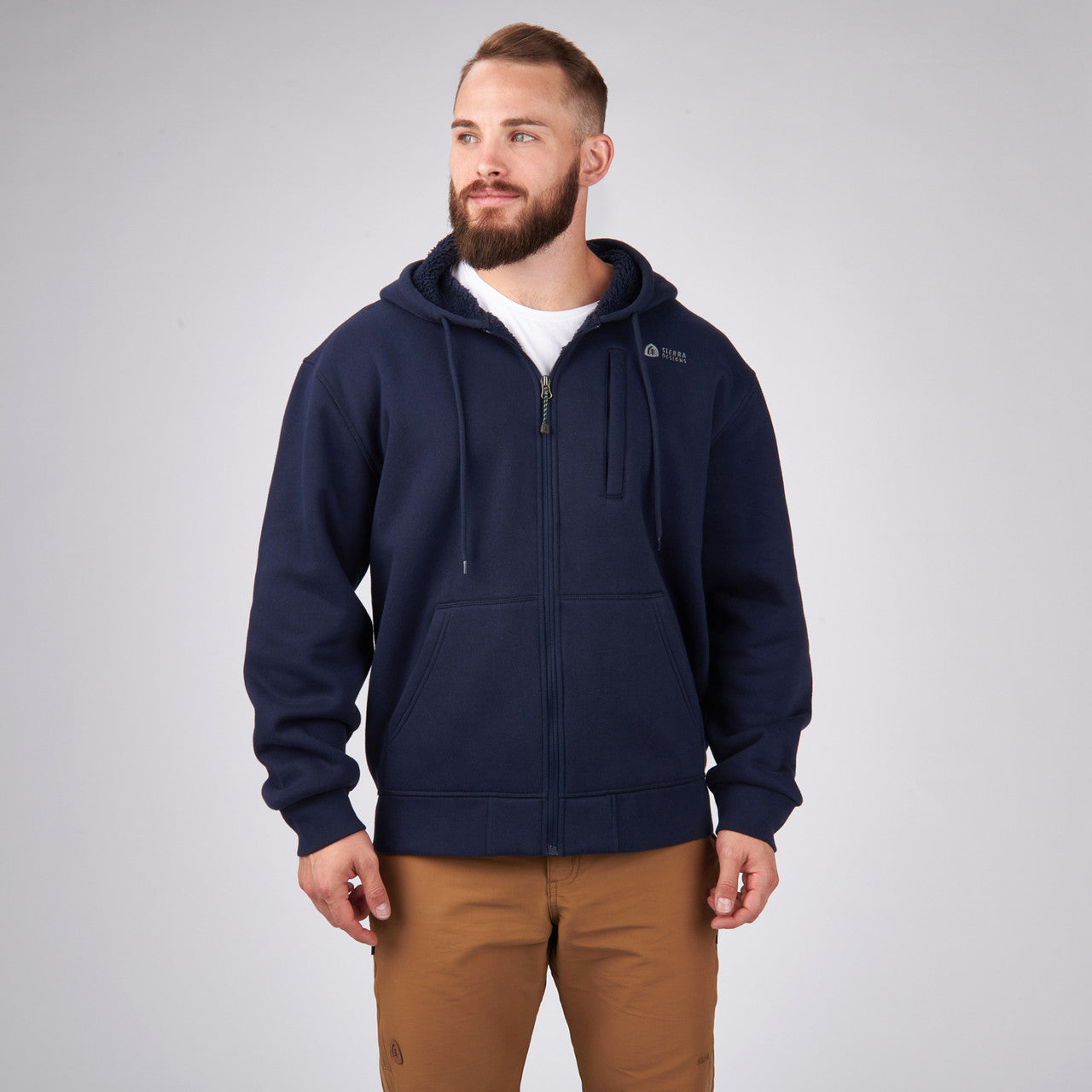 Man wearing Sierra Designs Men's Angora Hoodie, Navy, front view