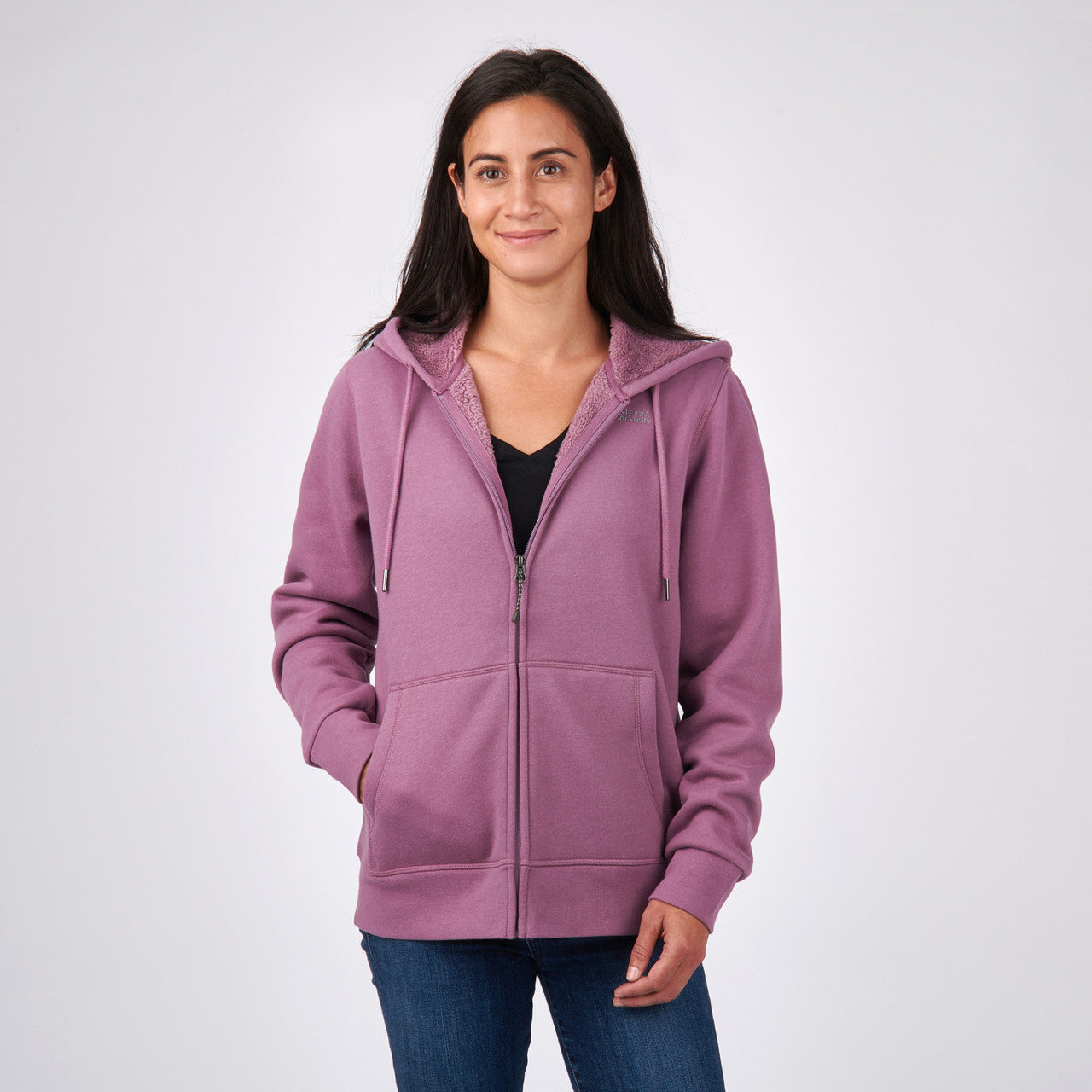 Woman wearing Sierra Designs Women's Angora Hoodie, Mulberry, front view