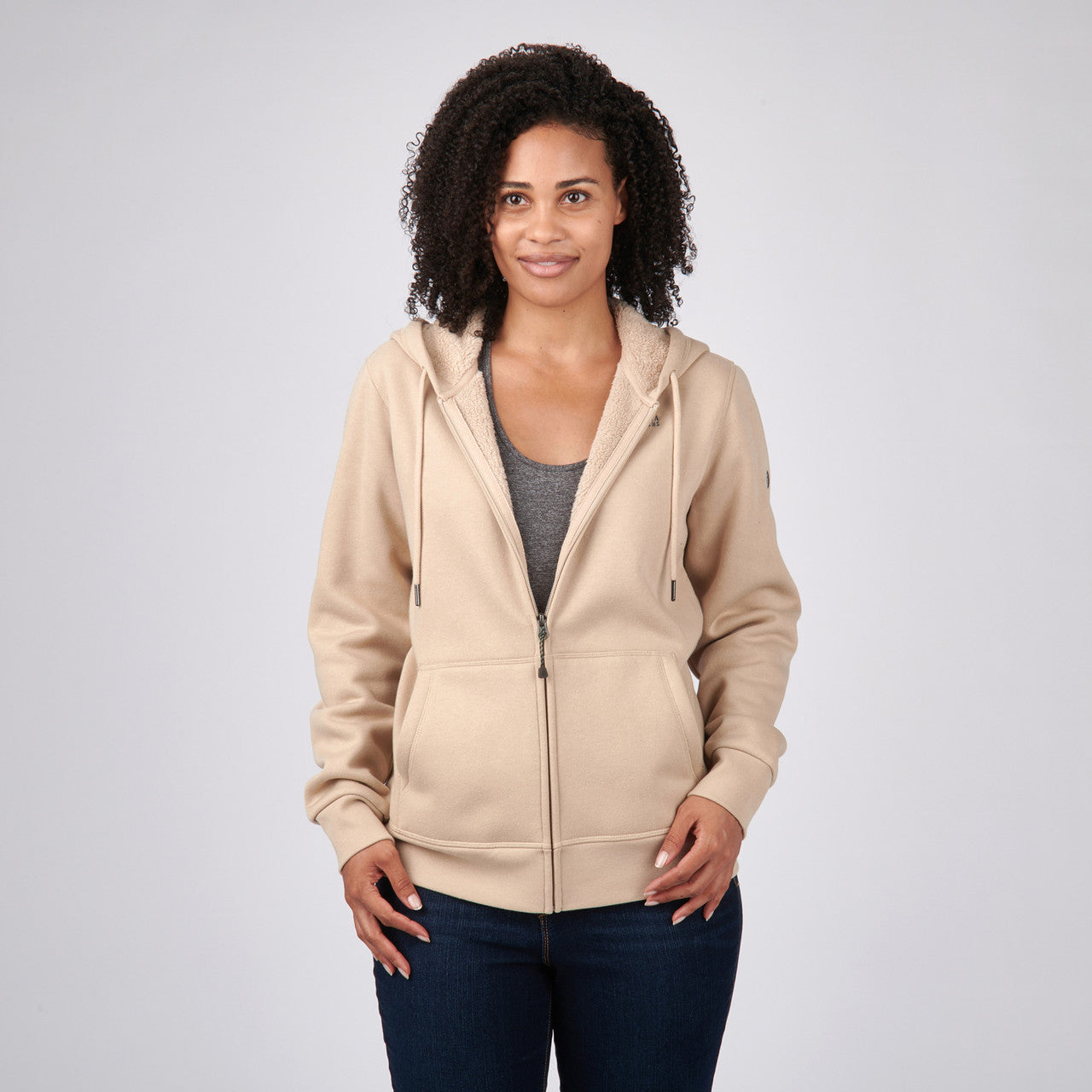 Woman wearing Sierra Designs Women's Angora Hoodie, Mushroom, front view