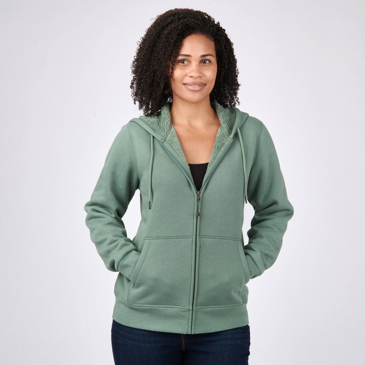 Woman wearing Sierra Designs Women's Angora Hoodie, Sage, front view