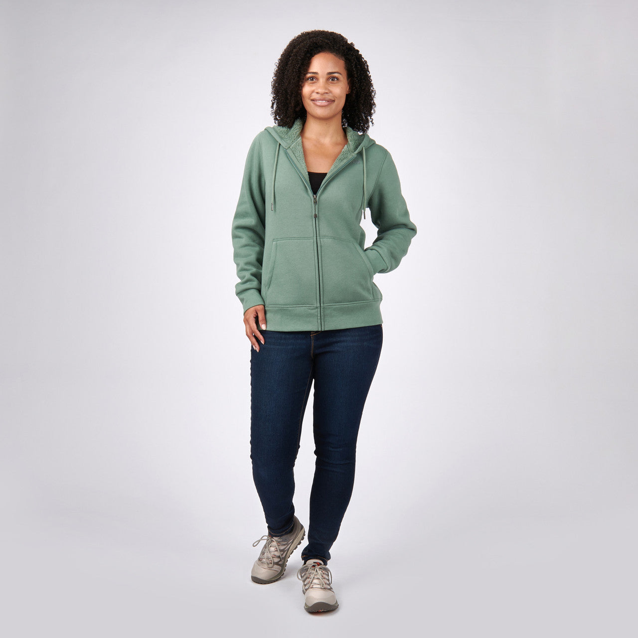 Woman wearing Sierra Designs Women's Angora Hoodie, Sage, front view, full body