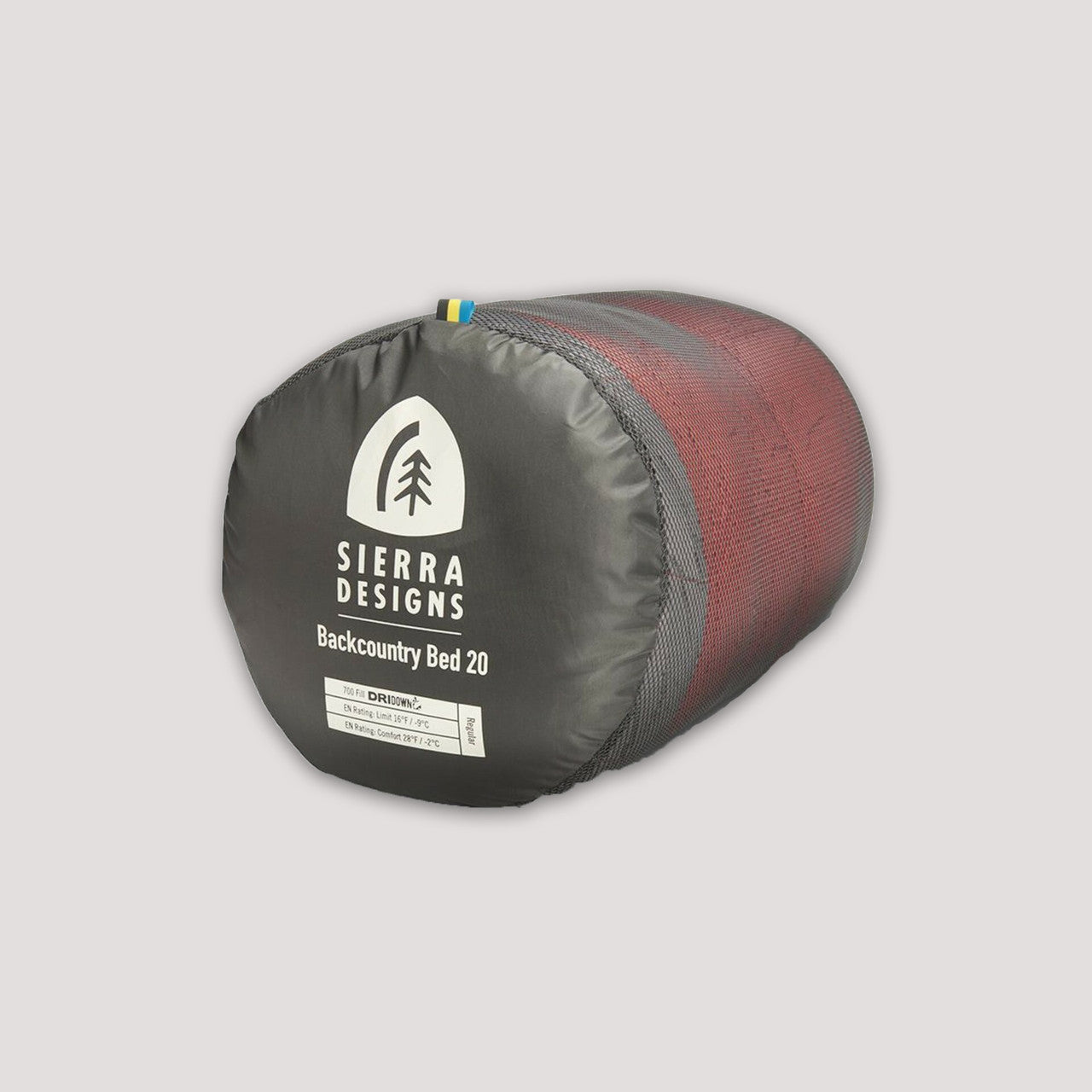Sierra Designs Backcountry Bed 650 / 20 Degree sleeping bag, packed inside mesh storage sack