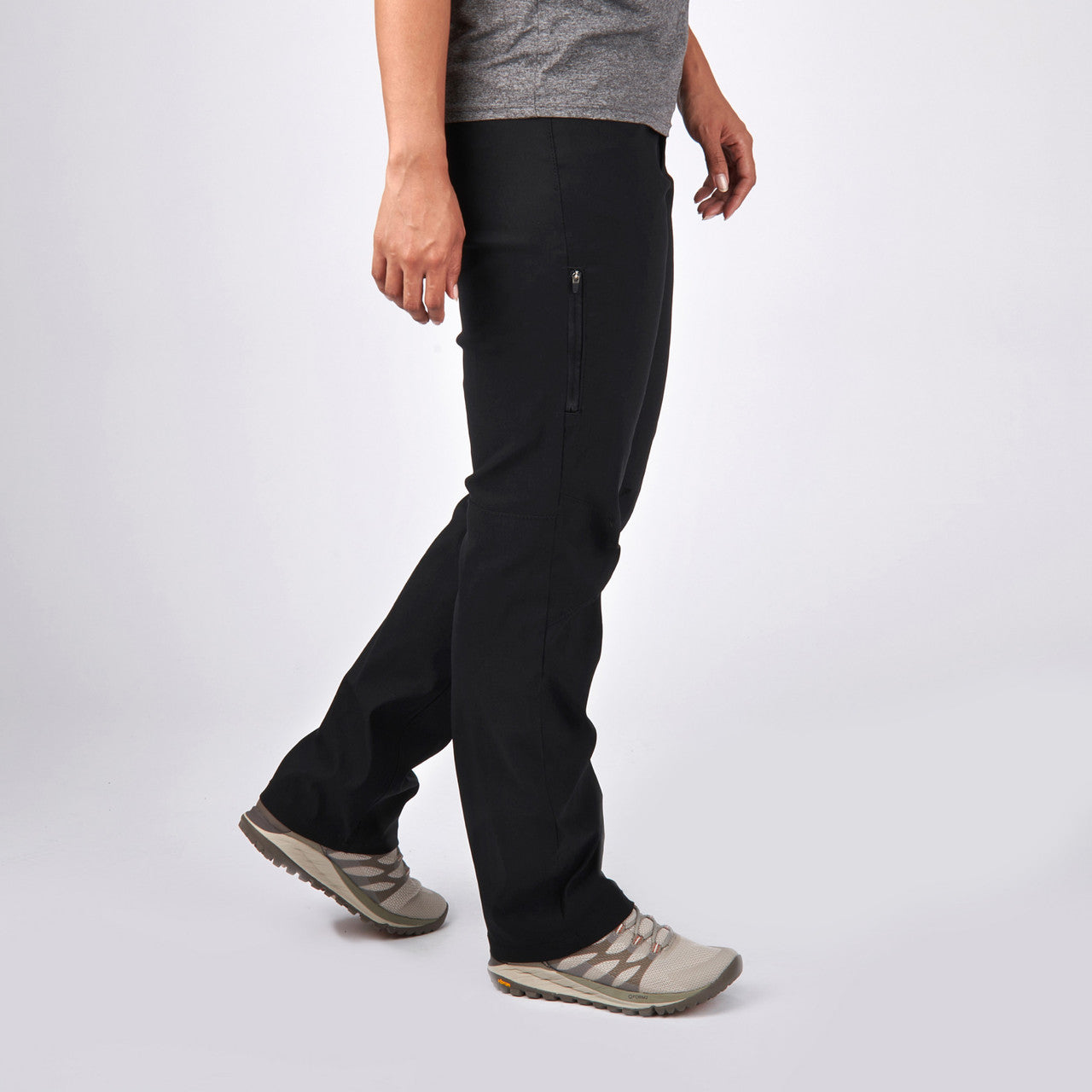 Woman wearing Sierra Designs Women's Inyo Stretch Pant, Black, side view