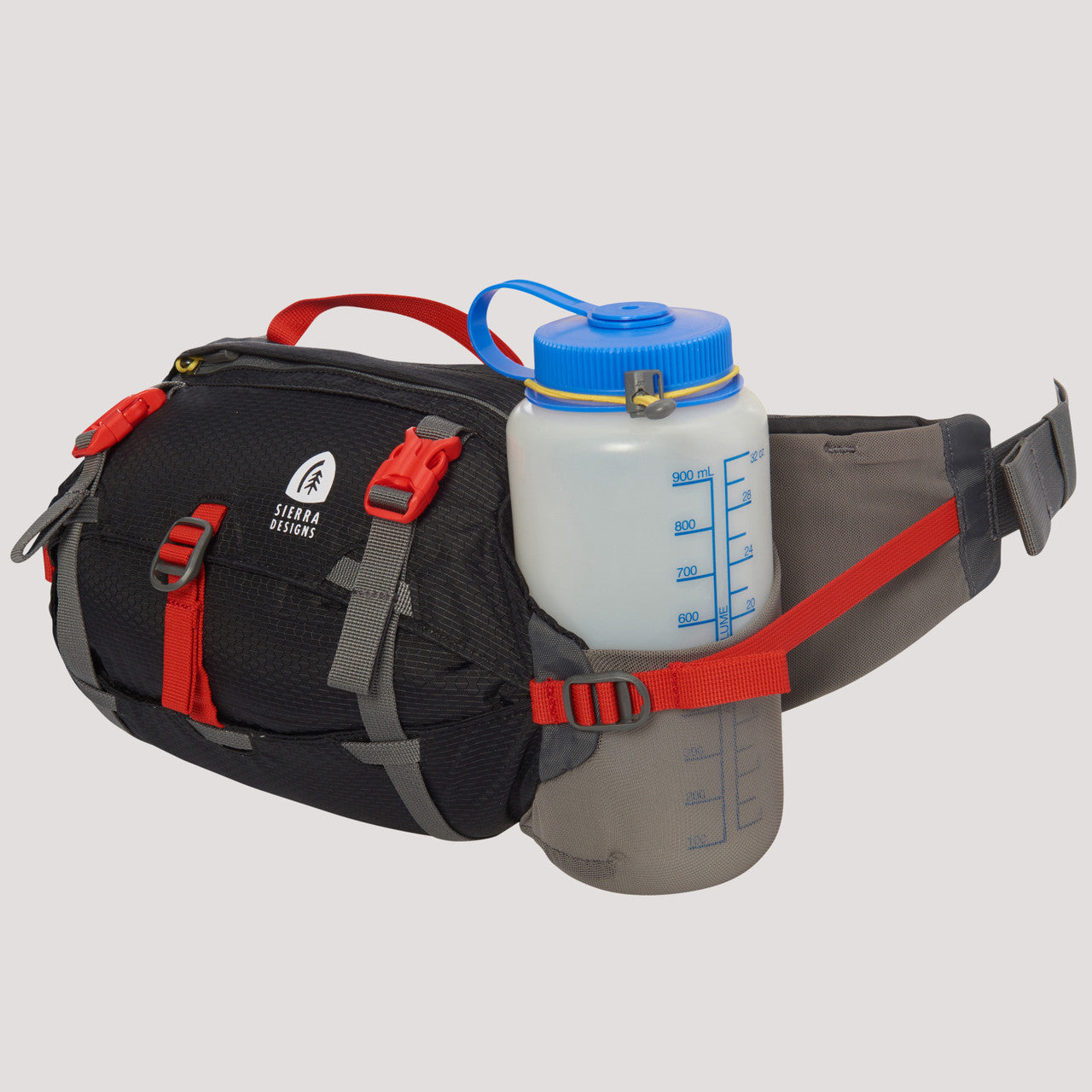 Sierra Designs Flex Lumbar 3-6 waist pack, black, side view, with 32 oz. water bottle in pocket