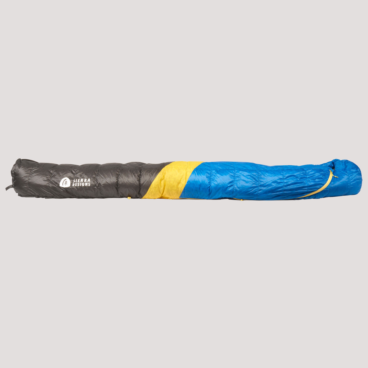Sierra Designs Nitro 35 sleeping bag, blue/black with yellow stripe, side view